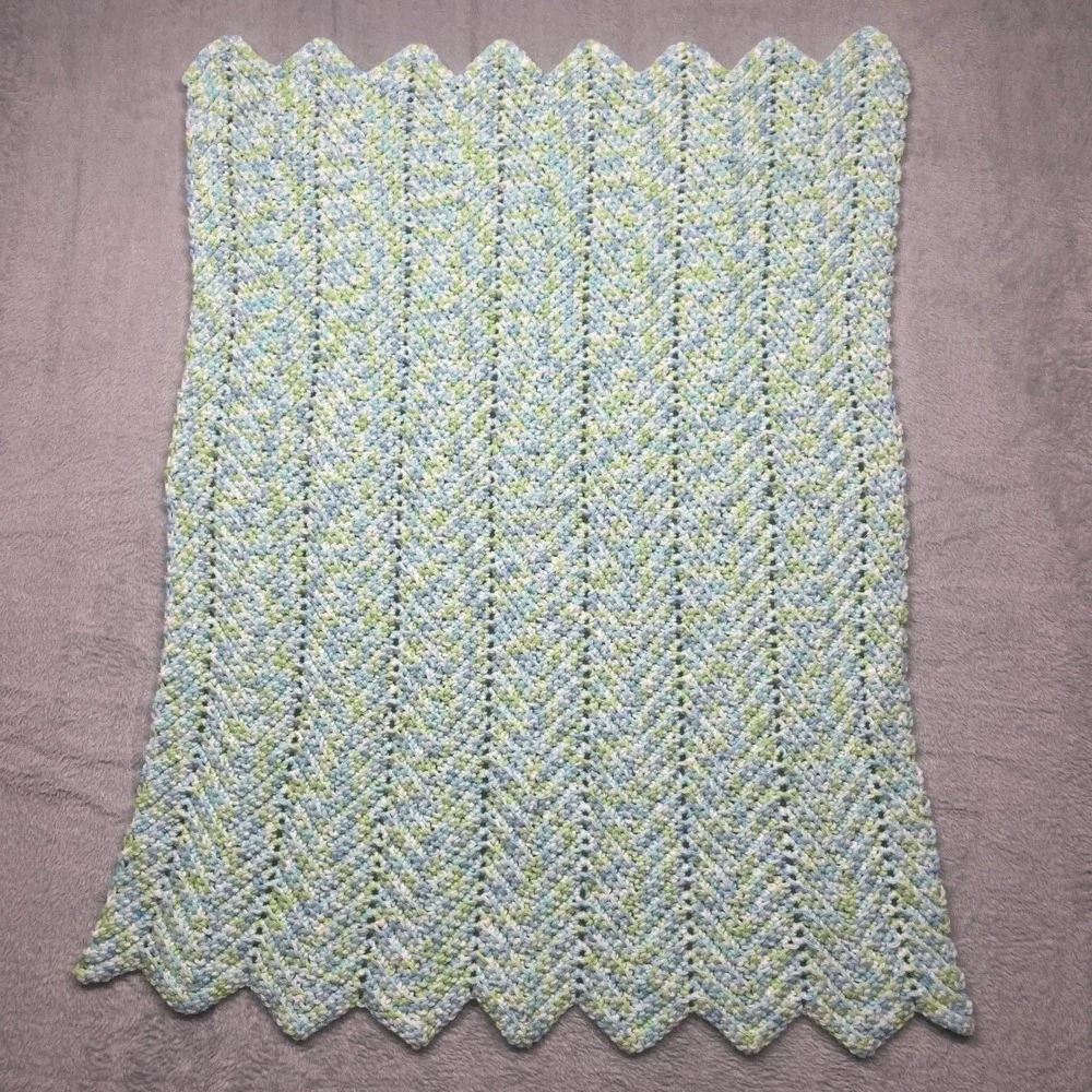 Handmade Crochet Baby Blanket Set 2pc Mint Green White Chevron Blue Multi